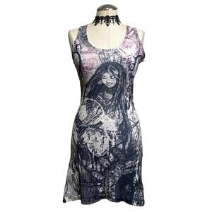 Y2K AOP Graphic Print Dyed Embellished Rhinestone Grunge Ribbed Tank Dress